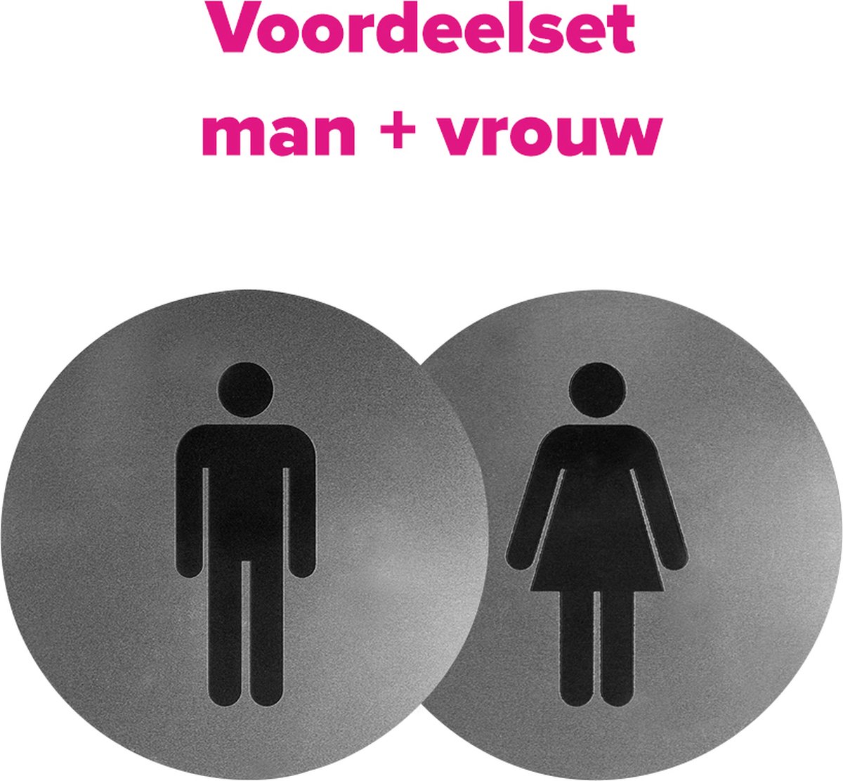 Wc bordjes – Voordeelset van 2 - Man - Vrouw – Rond – RVS met Zwart – 10 x 10 cm - Toilet bordje – Deurbord – Zelfklevend