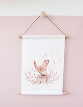 Textiel poster aquarel fluitend vogeltje-Kinderkamer-Poster A4 formaat-Wanddecoratie-dieren- Kinderkameraccessoires