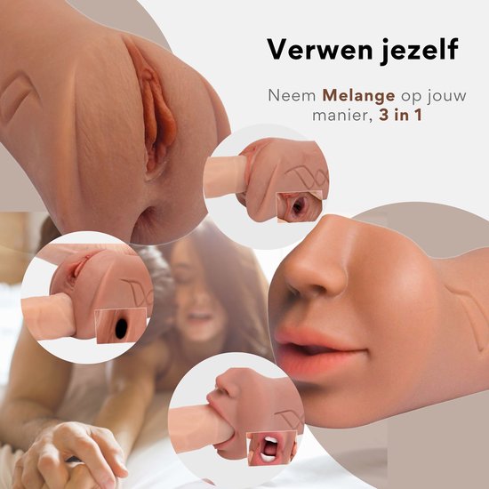 Masturbator met vagina, anus en mond details. Een man houdt het product vast.