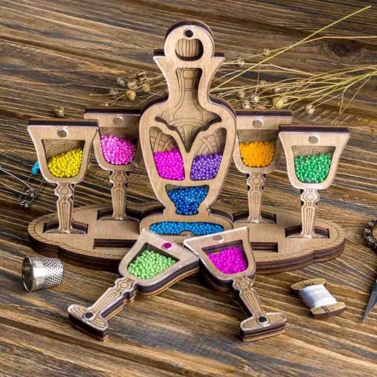 LUXE KRALENDOOSJES SET van 7 - ORGANIZER voor kralen - hout - met magnetische sluiting