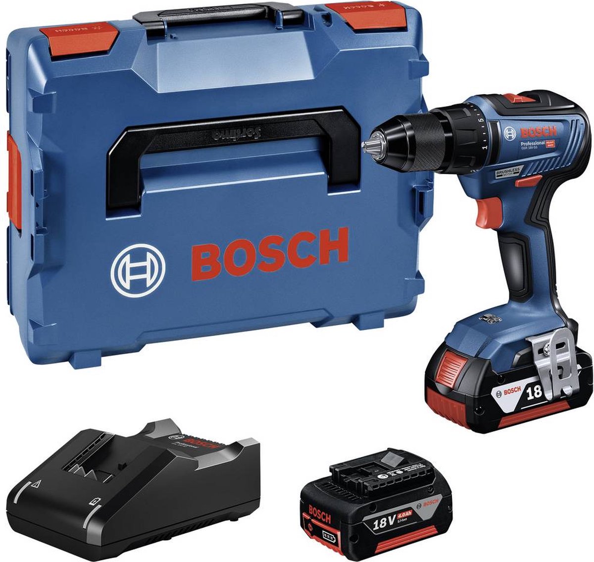 Bosch Professional GSR 18V-55 06019H5200 Accu-schroefboormachine 18 V 4.0 Ah Li-ion Brushless Incl. 2 accus Incl. lader Incl. koffer