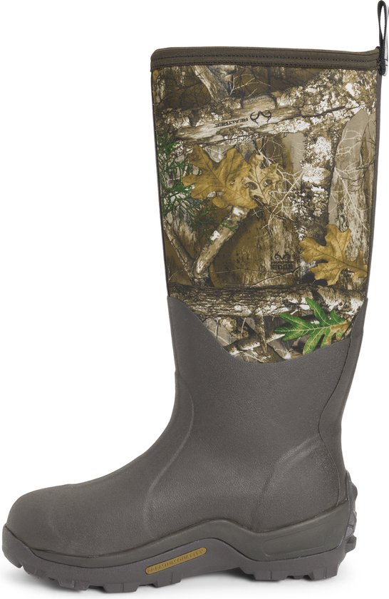 Zijaanzicht van de Woody Max laars met camouflageprint bovenstuk en bruine voet.
