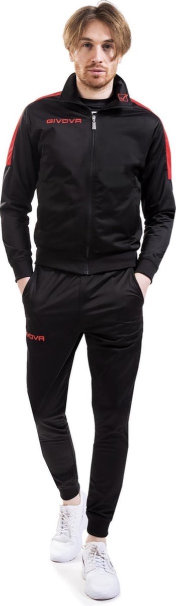 Givova sport training pak met vest en rits - broek met zijzakken, in ZWART ROOD kleur - maat XL