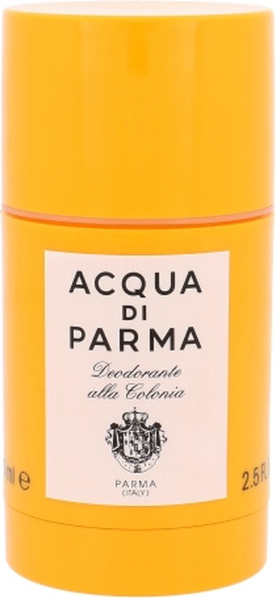 Oranje Acqua Di Parma deodorantstick met wit label: "ACQUA DI PARMA", "Deodorante alla Colonia", wapenschild en "PARMA (ITALY)", 75ml en 2.5FL.
