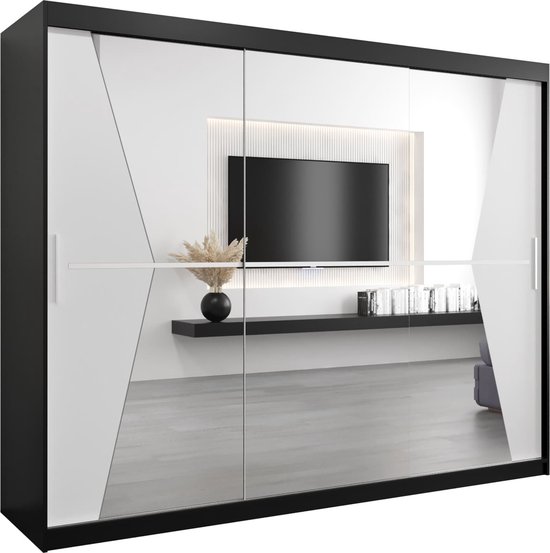 Zwarte kast met 3 deuren, waarvan 2 spiegeldeuren. Asymmetrisch wit design op deuren. Afmetingen 250x200x62 cm.