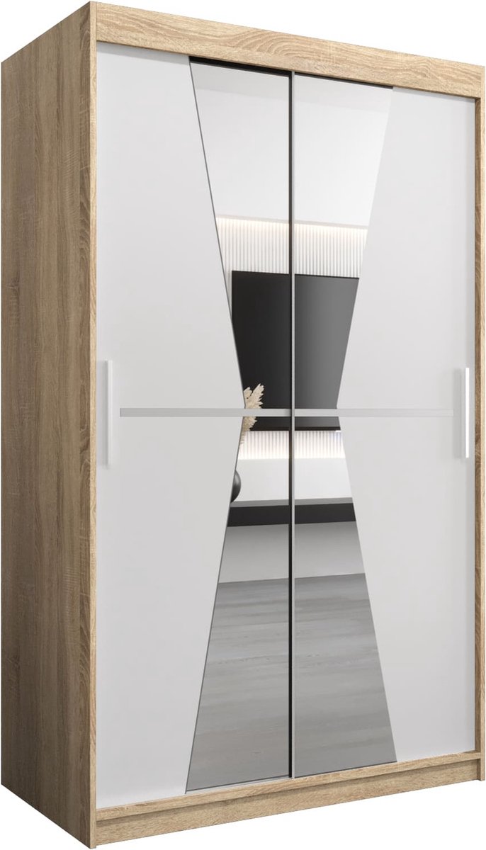 InspireME Kledingkast met 2 schuifdeuren, Modern-stijl, Een kledingkast met planken en een spiegel (BxHxD): 120x200x62 - TOTO 120 Sonoma Eik + Wit Mat met 2 lades