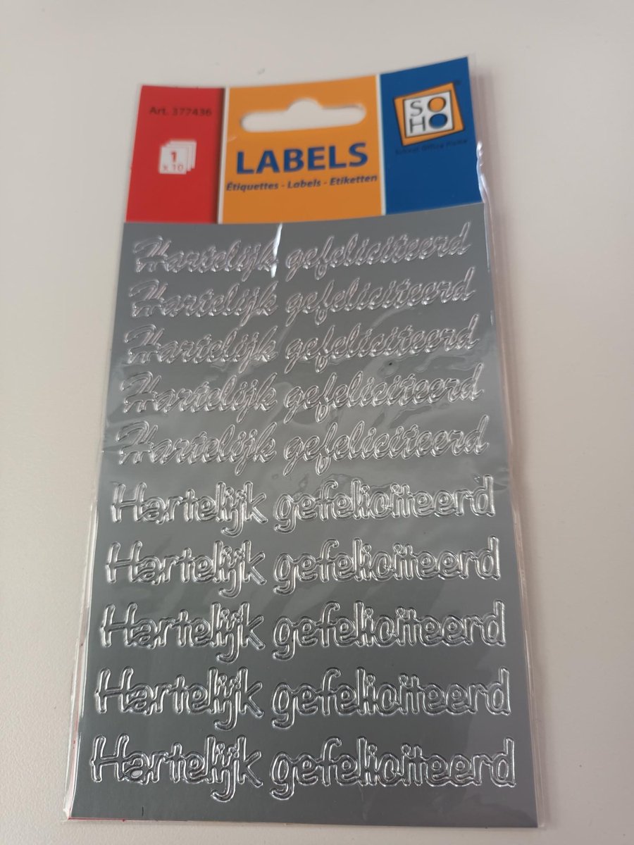 LABEL STIKKER ETIKET HARTELIJK GEFELICITEERD ZILVER 10 STUKS