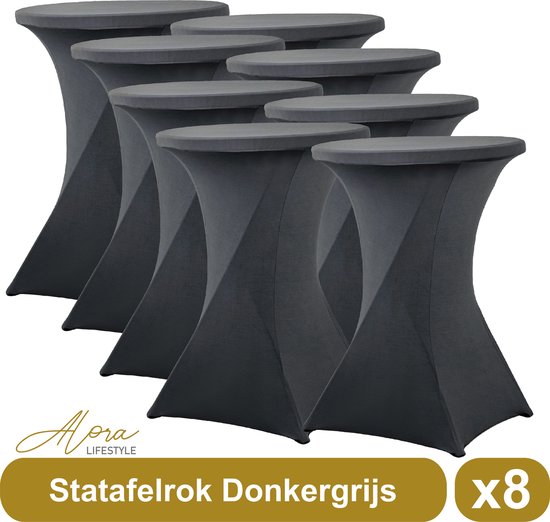 Statafelrok donkergrijs 80 cm - per 8 - partytafel - Alora tafelrok voor statafel - Statafelhoes - Bruiloft - Cocktailparty - Stretch Rok - Set van 8