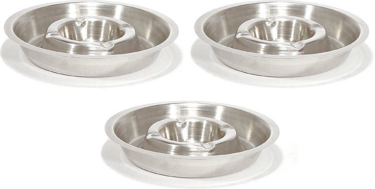 Goedkoopste RVS asbak rond 16 cm - 3x - Hotelasbak - Horeca/terras/tafel asbakken