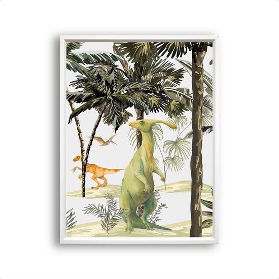 Postercity - Poster Dinosaurus raptor in jungle links aquarel / waterkleur links - Dino Jungle Poster - Kinderkamer / Babykamer - 50x40cm
