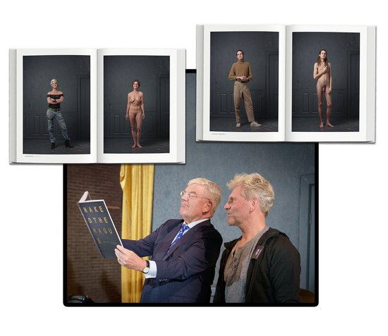 Een boek met twee spreads: links een vrouw met spijkerbroek en top, rechts een naakte vrouw. Rechtsboven: een man en vrouw in kleding.