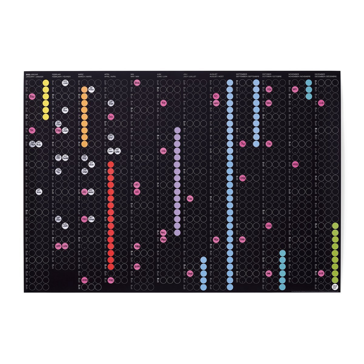 dot on classic - kalender 2023 in liggend formaat met meer dan 700 zelfklevende stippen in 12 kleuren - 100x69 cm