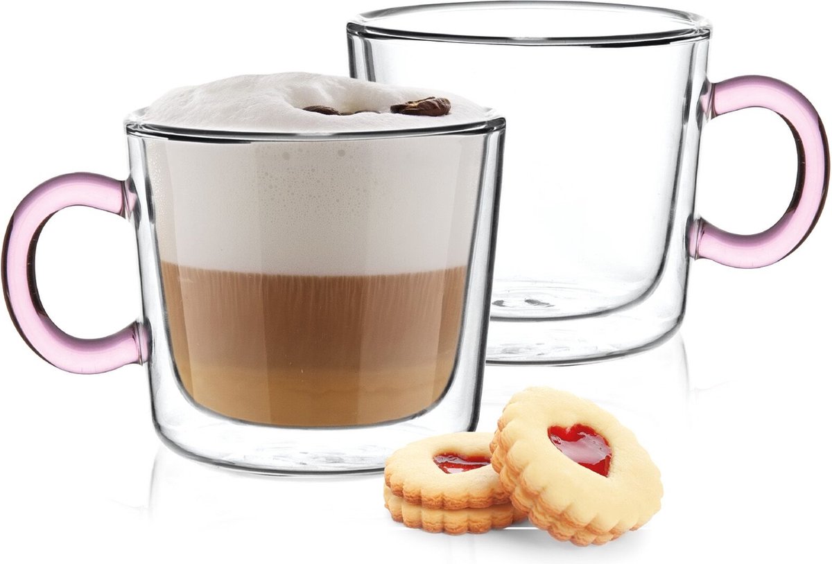 HOMLA Cembra dubbelwandig glas - set van 2 mokken - voor koffie thee latte macchiato cappuccino - vaatwasmachinebestendig hoogte 8,5 cm hoog 0,28 l inhoud