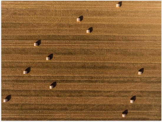 WallClassics - Poster Glanzend – Bovenaanzicht van Hooibalen op Landbouwgrond - 80x60 cm Foto op Posterpapier met Glanzende Afwerking