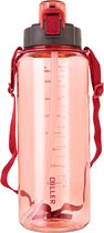 Diller waterfles met rietje - 2 liter - grote waterfles - Bottle - Motivatie waterfles met tijdmarkeringen  - sportfles - rood transparant