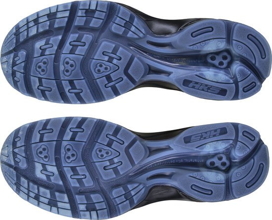 Buitenkant van twee zwarte HKS werkschoenen met blauw transparante zolen.