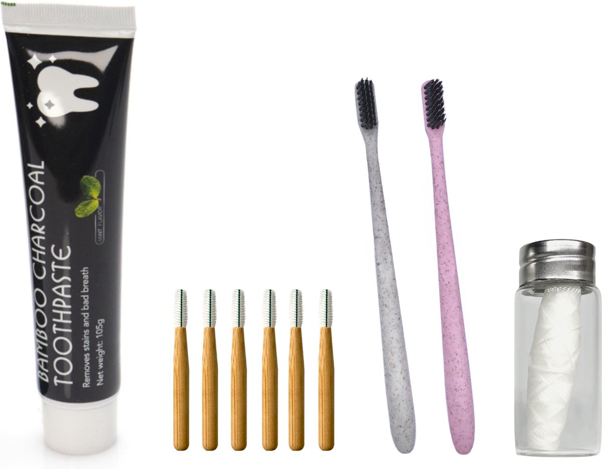 green-goose® Tandverzorging Pakket M | 60 Tandpasta Tabletten Aardbei | 2 Duurzame Tandenborstels | 1 Eco Flosdraad | 6 Bamboe Ragers
