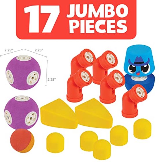 Twaalf rood met witte magneet-buizen, twee paarse magnetische bollen, een oranje met rode bal en gele driehoekige en ronde stukken.