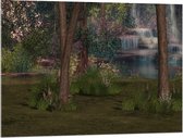 WallClassics - Acrylglas - Bloemen en Bomen bij Waterval - 100x75 cm Foto op Acrylglas (Wanddecoratie op Acrylaat)