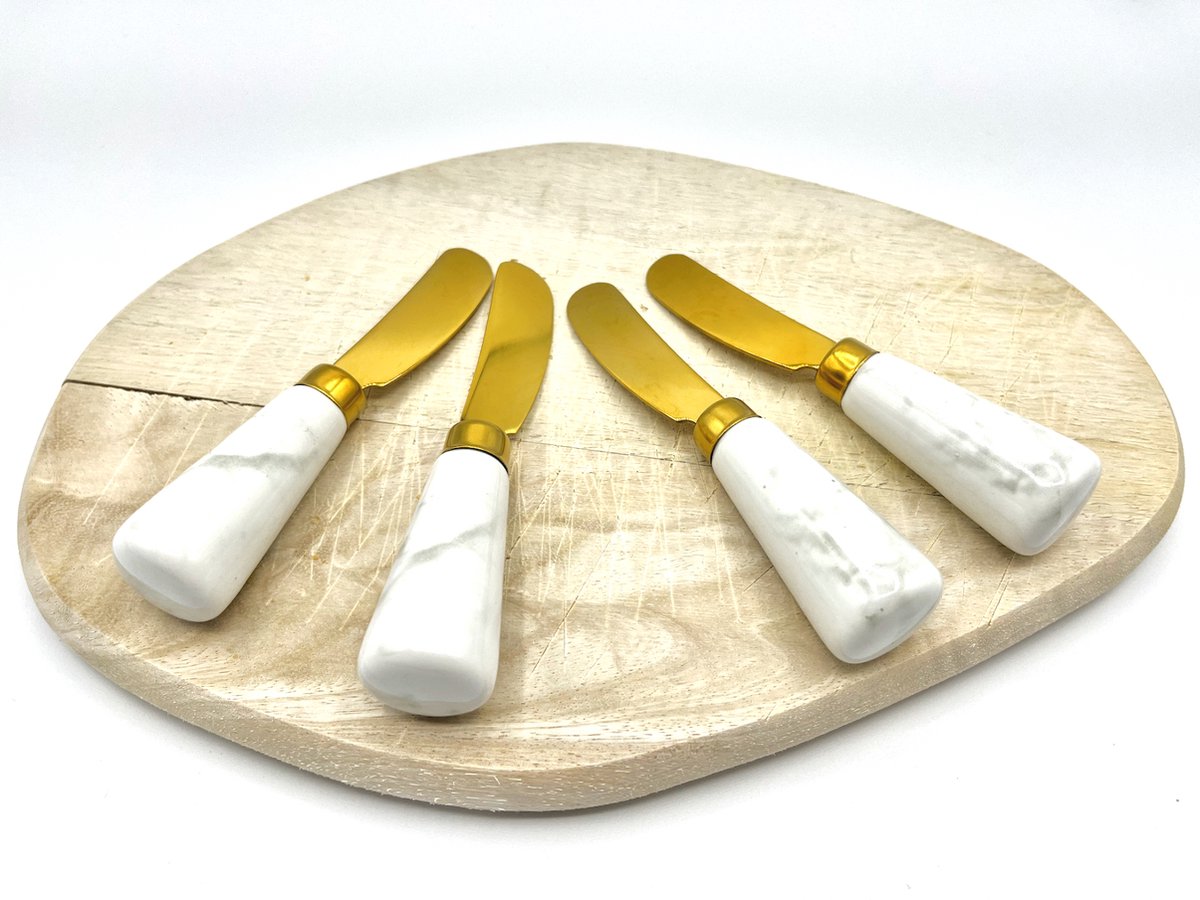 Eetsmaakvol.nl Botermesje 4 stuks – mesjes voor bij de borrelplank tapas mesjes smeermesjes borrel bestek 12 cm marmer design handvat – goud