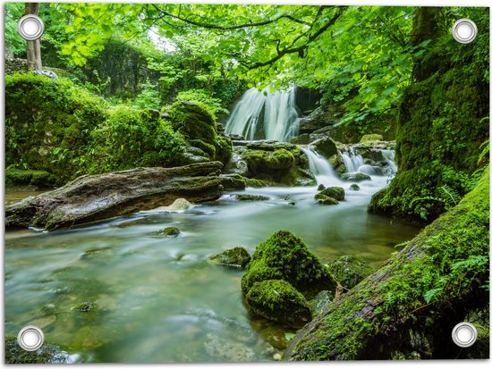 Tuinposter – Groen Natuur Gebied met Waterval - 40x30 cm Foto op Tuinposter (wanddecoratie voor buiten en binnen)