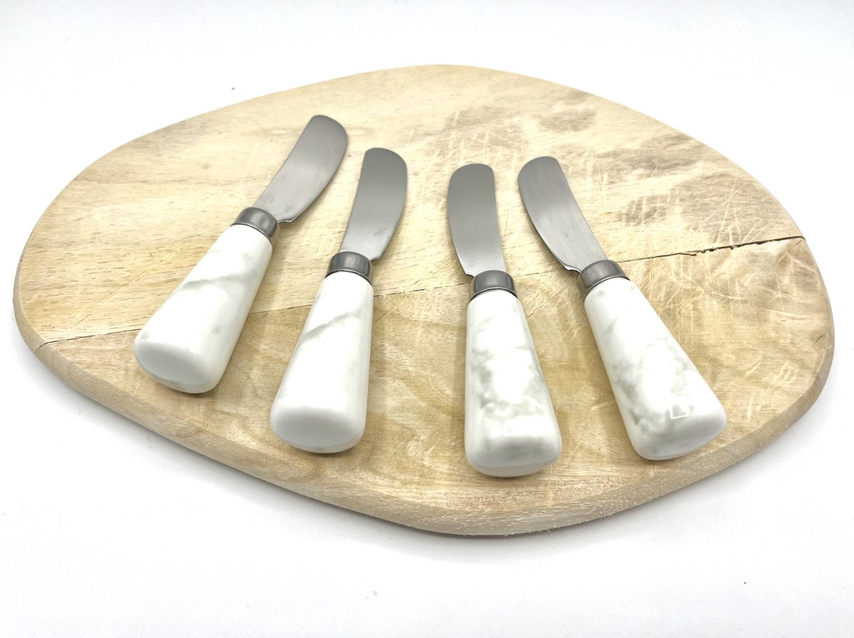 Eetsmaakvol.nl Botermesje 4 stuks – mesjes voor bij de borrelplank tapas mesjes smeermesjes borrel bestek 12 cm marmer design handvat – zilver