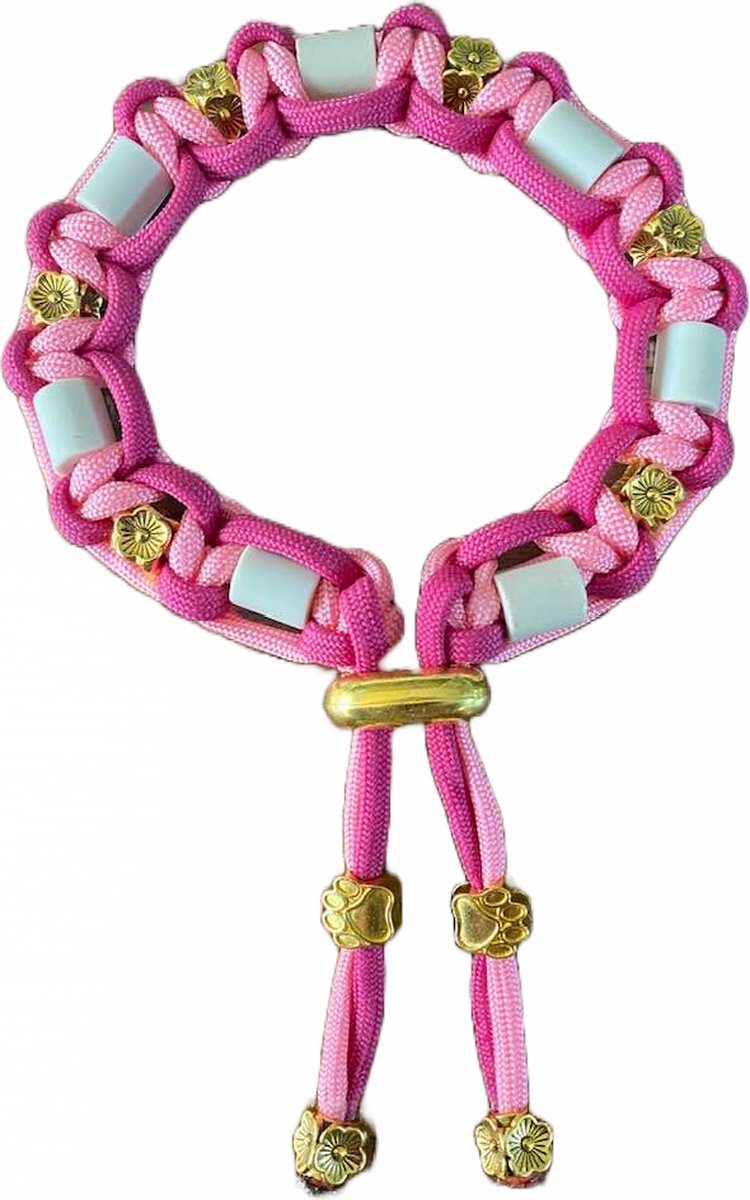 Anti-tekenband hond - Lady 25 - lengte 25 cm - nekomvang vanaf 24 tot en met 29 cm - werkt ook tegen vlooien - originele EM-X kralen lichtgrijs - maat S - roze - met kleine goudkleurige bloemen