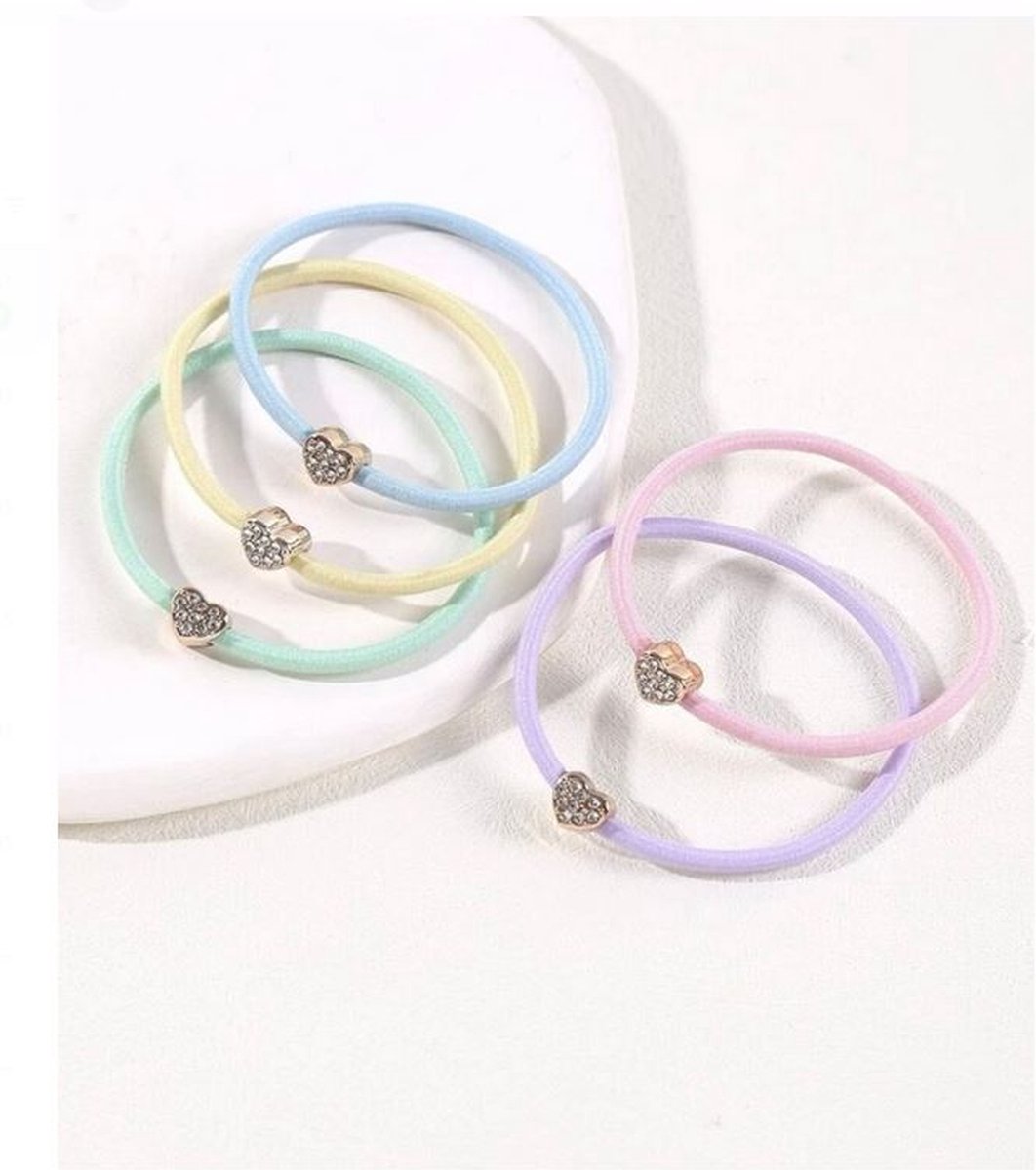 Haarelastiek pastel strass hartjes kleuren verjaardagscadeau kinderen elastiek haaraccessoires haarelastiekje fashion groen roze geel