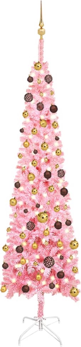Prolenta Premium - Kerstboom met LED's en kerstballen smal 240 cm roze