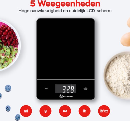 Balance de cuisine de précision numérique Kitchenwell - Balance de Cuisine - 1gr-15kg - Fonction tare - Zwart