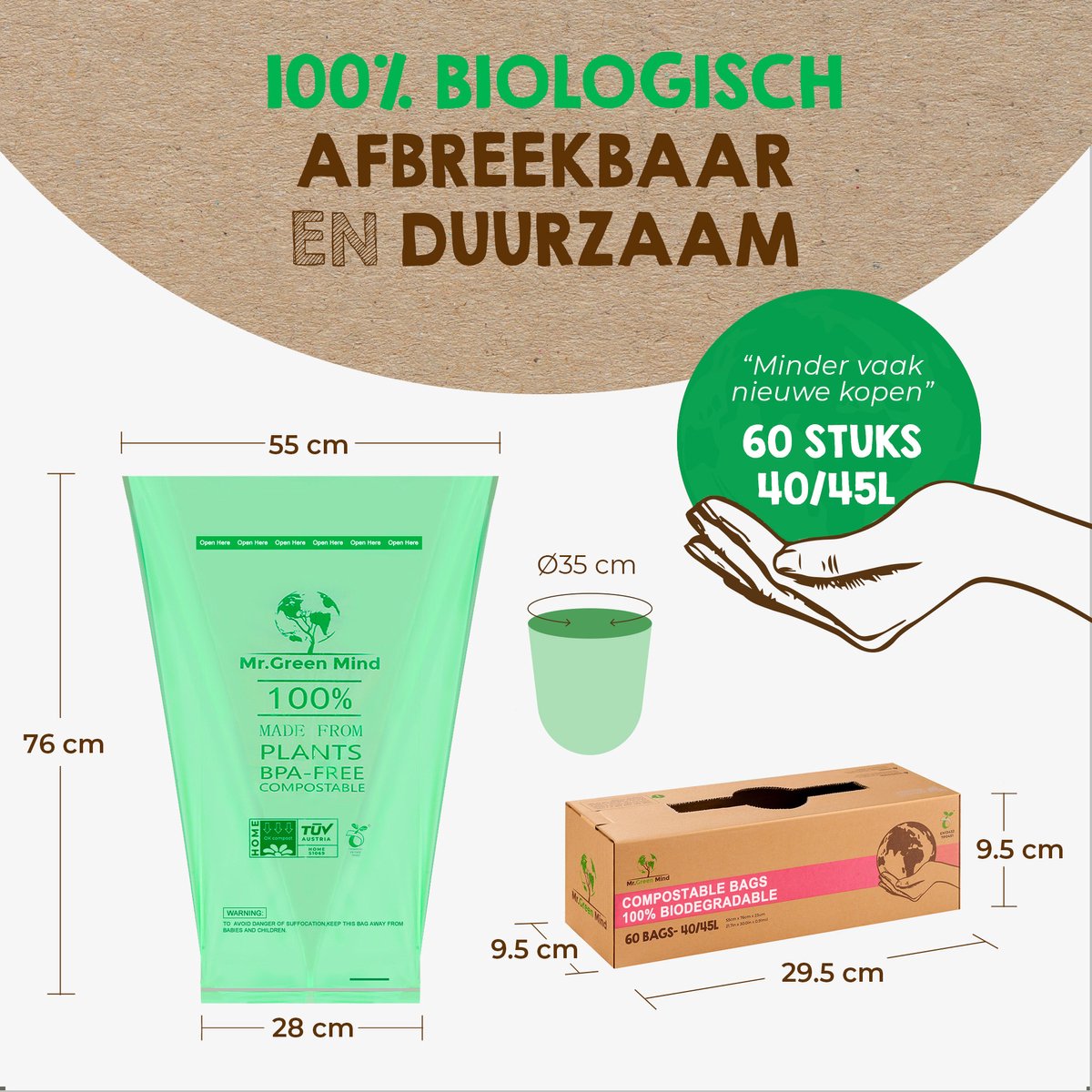 Sacs à déchets organiques compostables et biodégradables Sac au sol, grand,  paq. 5, 45 L