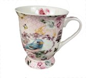 GMMH Tasse à thé en porcelaine avec couvercle et passoire, pour thé en vrac ou sachet (oiseaux)