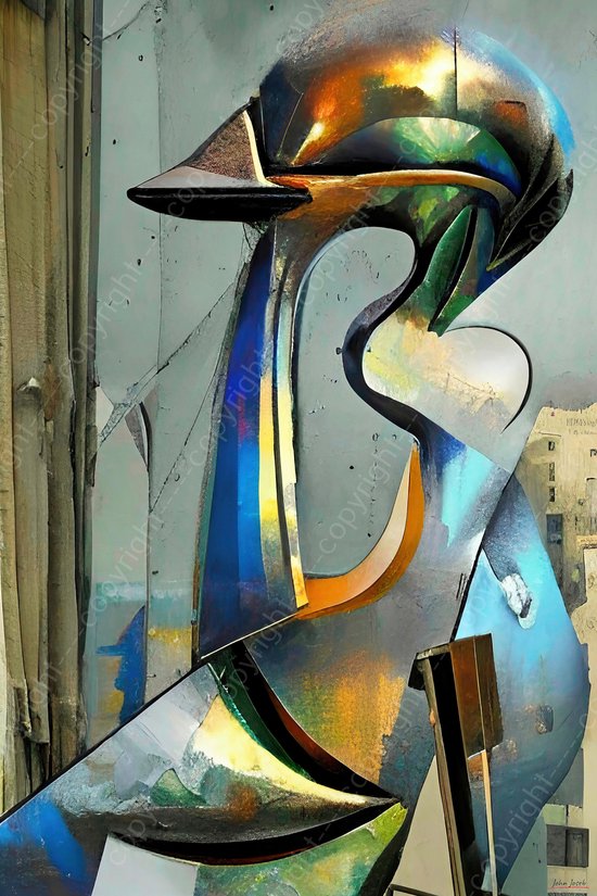 JJ-Art (Canvas) 60x40 | Eend - abstract - kubisme - surrealisme - kunst - woonkamer - slaapkamer | Picasso stijl, vogel, dier, industrieel, metaal, goud, blauw, groen, modern | Foto-Schilderij print (wanddecoratie) | KIES JE MAAT