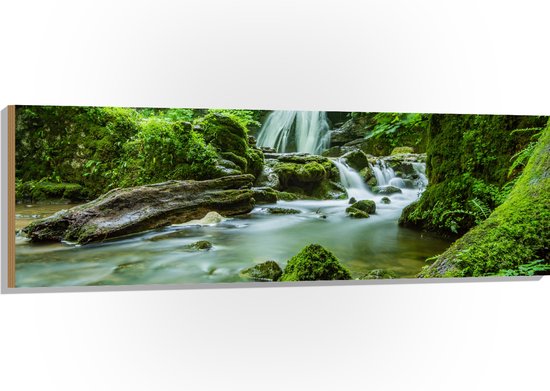 WallClassics - Hout - Groen Natuur Gebied met Waterval - 150x50 cm - 12 mm dik - Foto op Hout (Met Ophangsysteem)