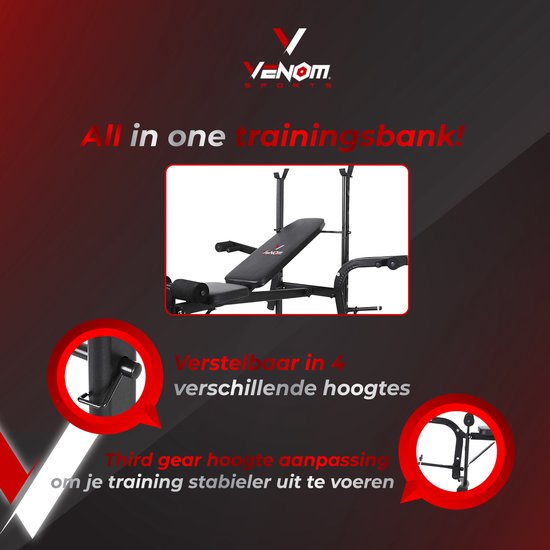 Zwarte trainingsbank met verstelbare hoogte-aanpassing in vier hoogtes voor stabielere training.
