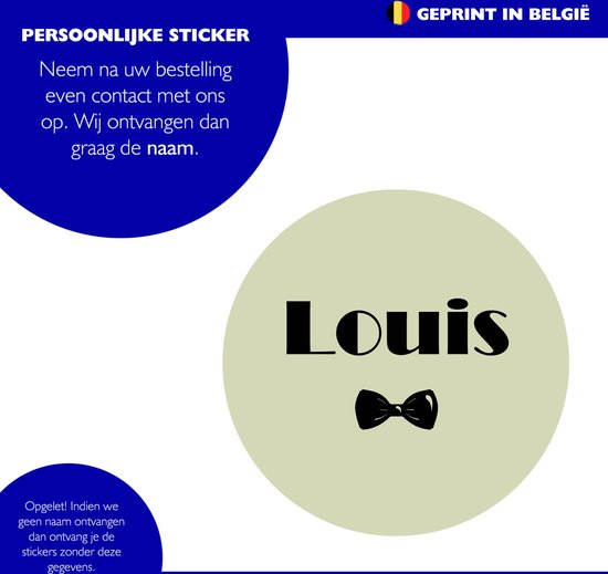 Een rond label met de naam Louis en een strik. Persoonlijke sticker.