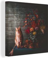 Schilderij kat - Boeket - Bloemen - Oranje - Herfst - Kat schilderij - Canvas kat - Wanddecoratie - 20x20 cm