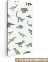 Canvasdoek kinderen - Wanddecoratie kinderkamers - Dino's - Patroon - Groen - Wit - Kinderen - Wanddecoratie jongens - Wanddecoratie meisjes - Canvas schilderij dino - 40x80 cm