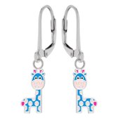 Oorbellen meisje | Zilveren kinder oorbellen | Zilveren oorhangers, blauwe giraf met roze vlekken