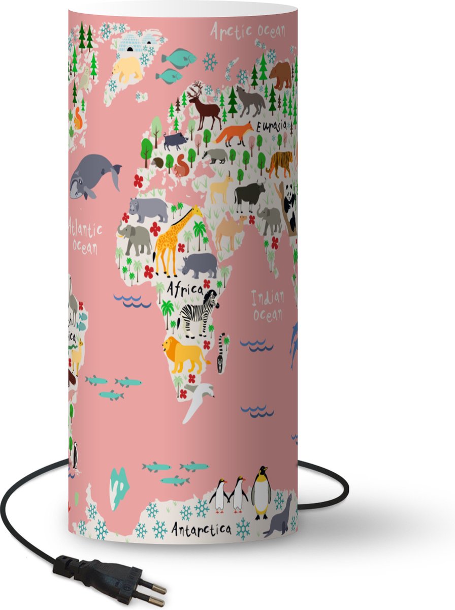 Lamp - Nachtlampje - Tafellamp slaapkamer - Wereldkaart - Kinderen - Roze - Dieren - 33 cm hoog - Ø14.3 cm - Inclusief LED lamp