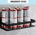 Zwarte doucheplank met zes blikjes Budweiser. Draagt tot 25 kg.