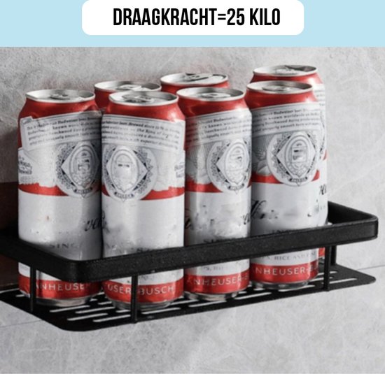 Zwarte doucheplank met zes blikjes Budweiser. Draagt tot 25 kg.