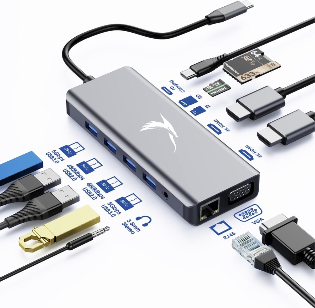Silver Eagle 12-in-1 USB-C docking station - USB C Hub Multiport Adapter - 4K HDMI - Dual HDMI - WIN - Mac - Thunderbolt - Spacegrey