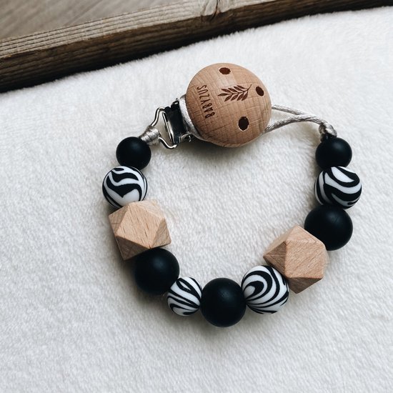 Product: Babyzus - Speenkoord - Zwart / Wit - Zebra - Hout, van het merk Babyzus
