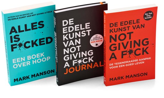 Drie boeken: 'Alles is f*cked' (turquoise), 'De edele kunst van not giving a f*ck journal' (zwart) en 'De edele kunst van not giving a f*ck' (rood).