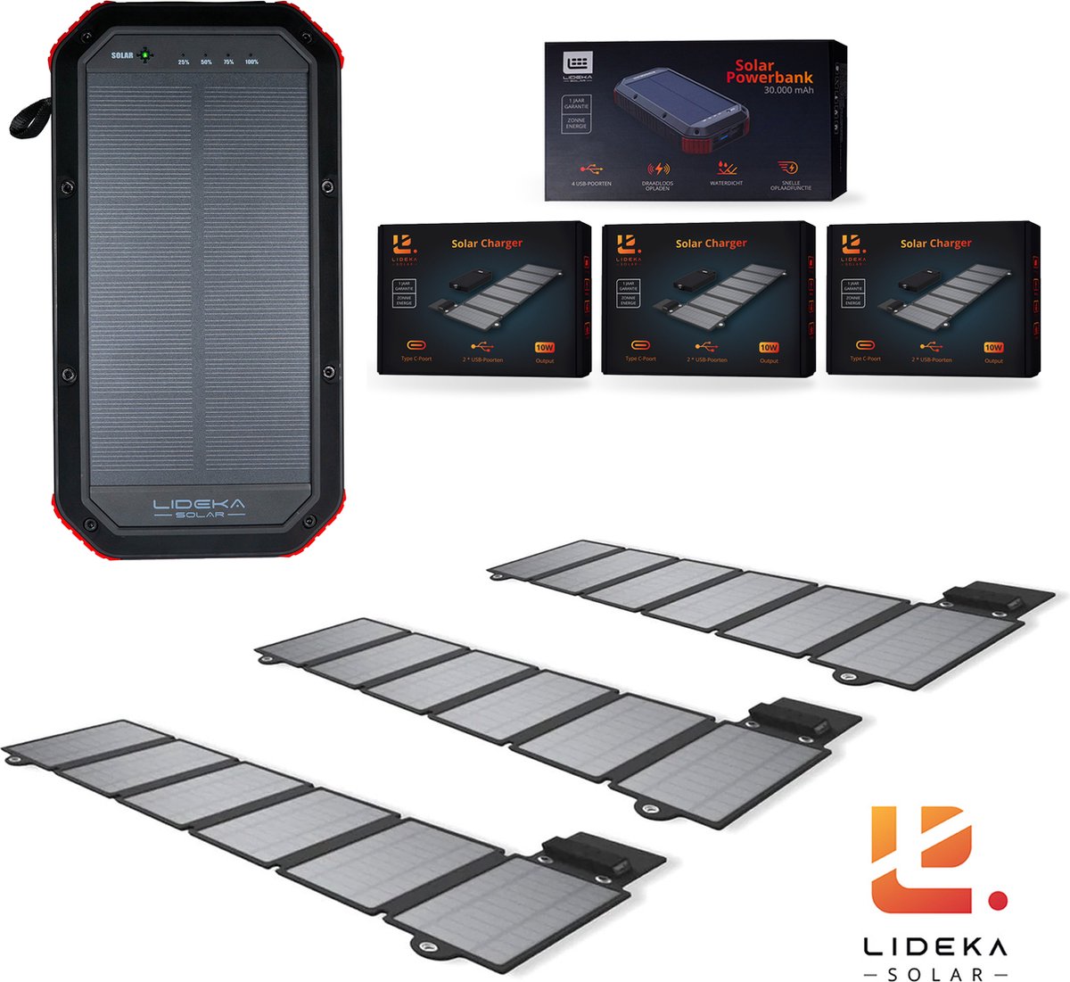 Lideka® - Solar Powerbank + Solar Charger 3x - De Ultieme Combi - 30.000 mAh Powerbank - Zeer Efficiënte Solar Charger Op Zonne-energie - Outdoor - Iphone, Samsung, Apple