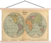 Posterhanger incl. Poster - Schoolplaat - Antieke wereldkaart westelijk en oostelijk halfrond - 150x100 cm - Blanke latten
