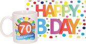 Verjaardag cadeau mok/beker 70 jaar print 300 ml + A5-size wenskaart Happy Birthday