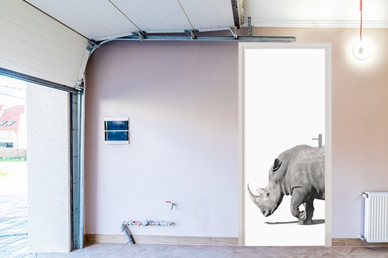 Deurposter 95x235 cm - Deursticker Neushoorn - Dieren - Wit - Meubelfolie zelfklevend - Deurfolie woonkamer - Interieurfolie fotobehang - Deur plakfolie - Deurstickers - Deurbehang sticker - Kamer decoratie