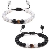 Fako Bijoux® - Dubbele Kralen Armband - 8mm - Natuursteen Armband Koord - Howliet, Tijgeroog & Mat Zwart